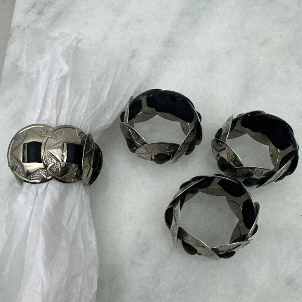 Western Leather Belt & Buckle Napkin Rings Black Silver Tone Set of 4